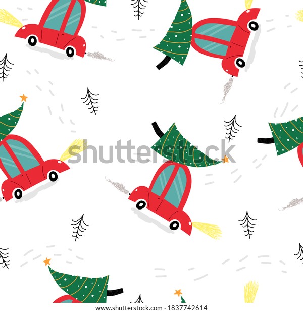 Seamless simple pattern with cartoon cars,\
christmas trees, decor elements. colorful vector. flat hand\
drawing. Baby design for fabric, print, gift\
wrapper.