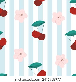 Seamless simple pattern of cherries and Sakura bloom with stripped background.