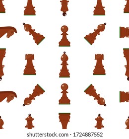 Seamless simple pattern with chess wooden figures. Brown pieces. Vector. King, queen, pawn, rook, horse, bishop. Game concept. wallpaper wrapping background fabric textile