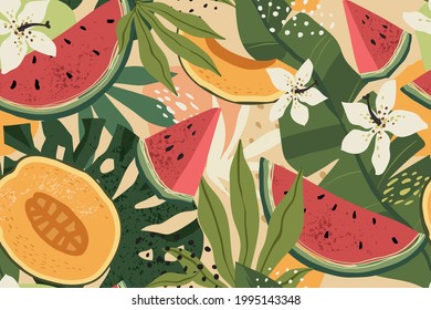 Seamless simple pattern. Collage of tropical plants and exotic fruits for printing on fabric, paper, cover, interior decor, posters.