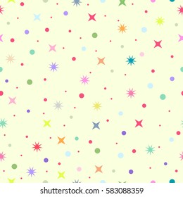 Seamless simple pattern with colorful stars and dots on light.