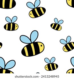 Seamless simple pattern with cute bee. Watercolor background with funny honeybee or bumblebee on white