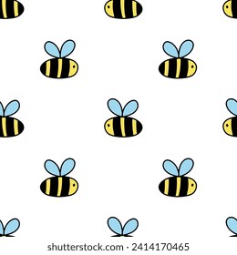 Seamless simple pattern with cute bee character. Vector background with funny honeybee or bumblebee on white