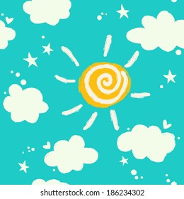 Seamless simple pattern with cute clouds and sun.