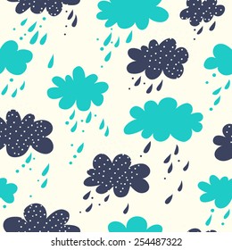 Seamless simple pattern with cute clouds and raindrops.