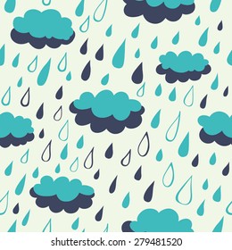 Seamless simple pattern with cute clouds and raindrops.