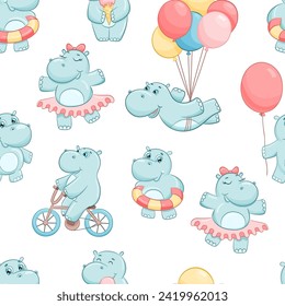 Seamless simple pattern with cute hippo with swimming circle and balloon. Cartoon hippopotamus isolated on white background. Cute baby character