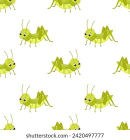 Seamless simple pattern with cute smiling grasshopper isolated on white background. Funny insect for kids. Flat cartoon vector illustration