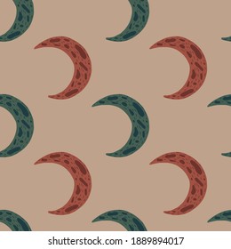 Seamless simple pattern with dark green and red moon ornament. Pale pink background. Kids print. Great for fabric design, textile print, wrapping, cover. Vector illustration.