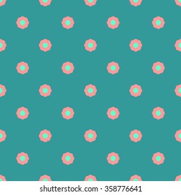 Seamless simple pattern with flowers spring flower red coral on a dark aquamarine background with a green center of the flower.