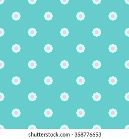 Seamless simple pattern with flowers spring flower on a light blue background with bright aquamarine pink coral middle of the flower.
