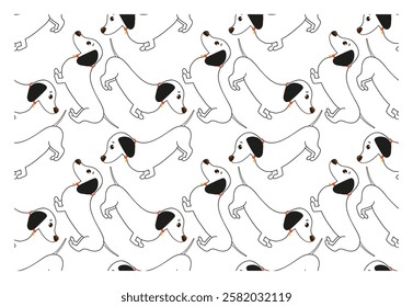 Seamless simple pattern with funny dachshund with black ear - character with happy muzzle. Vector pattern for fabric, cover, wrapping paper.