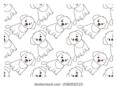 Seamless simple pattern with funny outline puppy and - character with happy muzzle. Vector pattern for fabric, cover, wrapping paper.