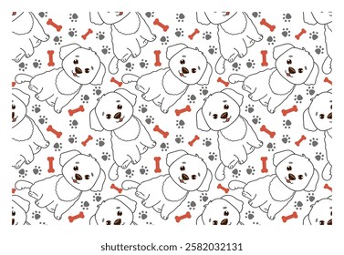 Seamless simple pattern with funny outline dog and bones - character with happy face. Vector pattern for fabric, cover, wrapping paper.
