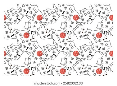 Seamless simple pattern with funny outline dog and bones and ball - character with happy face. Vector pattern for fabric, cover, wrapping paper.
