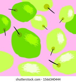 Seamless simple pattern. Green fruits on a pink background.  Vector abstract hand drawn background.