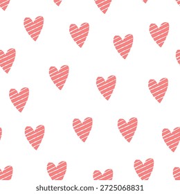 Padrão simples sem emenda com corações cor-de-rosa desenhados à mão com linhas brancas em um fundo branco. Amor design para embalagem, tecido, papel de parede