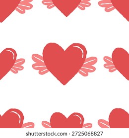 Seamless simple pattern with hand-drawn red hearts with wings on a white background. Love design for packaging, fabric, wallpaper