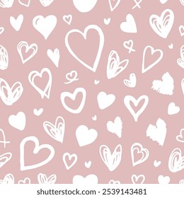 Seamless simple pattern of hearts. Cute hand-drawn background in sketch style.