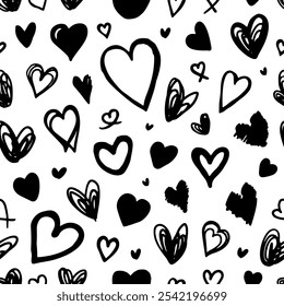 Seamless simple pattern of hearts. Cute hand-drawn background in sketch style.