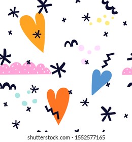 Seamless simple pattern with hearts, flowers, clouds, dots, decor elements. vector. hand drawing. abstraction. design for print, wrapper, fabric, textile