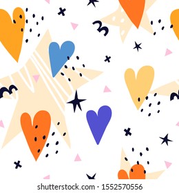 Seamless simple pattern with hearts, stars, dots, decor elements. vector. hand drawing. abstraction. design for print, wrapper, fabric, textile
