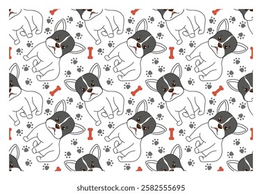 Seamless simple pattern with outline french bulldog puppy and character with happy face. Vector pattern for fabric, cover, wrapping paper.