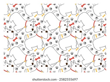 Seamless simple pattern with outline funny puppy with red collar and character with happy face. Vector pattern for fabric, cover, wrapping paper.
