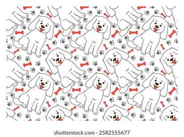 Seamless simple pattern with outline puppy with red collar and character with happy face. Vector pattern for fabric, cover, wrapping paper.