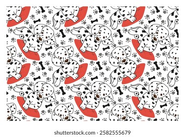 Seamless simple pattern with outline puppy lying on red pillow and character with happy face. Vector pattern for fabric, cover, wrapping paper.