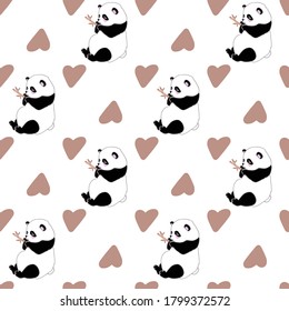 Seamless simple pattern with panda bear and hearts. Chinese bear eats bamboo. Stock vector illustration. For printing on children's, stationery, postcards, valentines.