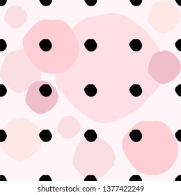 Seamless simple pattern. Peach, pink, nude and black round spots on a white background. Abstract background. 