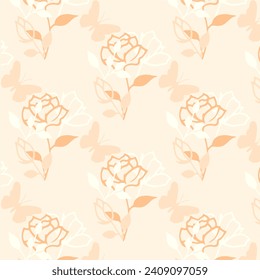 seamless simple pattern in peach tones of roses and butterflies