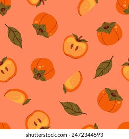 Seamless simple pattern with persimmons on an orange background. Vector graphics.