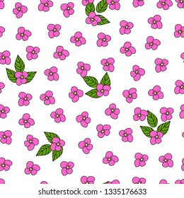 Seamless simple pattern with pink flowers and leaves
