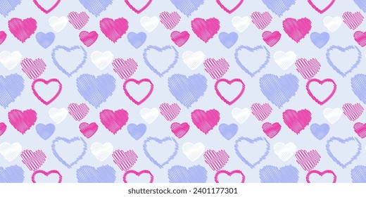 Seamless, simple, pattern with shape hearts on a blue back. Vector hand drawn sketch doodle. Print with set textured heart silhouettes. Valentine, love background. Design  for textile, fashion, fabric