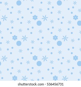 Seamless simple pattern with small circles and stars. Winter background. Substrate in the blue range. Small chaotic light blue pattern of snowflakes.
