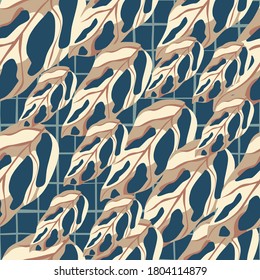 Seamless simple pattern with stylized monstera leaves. Navy blue background with check. Perfect for wallpaper, textile, wrapping paper, fabric print. Vector illustration.