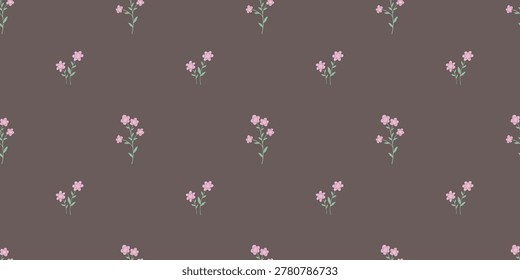 Seamless simple pattern with tiny pink flowers on dark brown background. Vector ditsy print for textiles, wallpaper, and fabric design