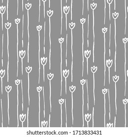 Seamless simple pattern with tulips and waves. Vector simple on a gray background. Drawing for textiles. Printing on the cover of a book, postcard, fabric.