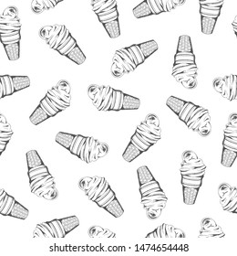 Seamless simple pattern. Waffle cone with ice cream, hand drawn, contour. Gray lines, white background.