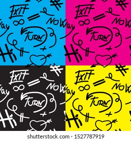 Seamless simple pattern with words and inscriptions Exit, Turn, No way, Hi and heart with arrow, infinity sign and hashtag icon. Abstract background