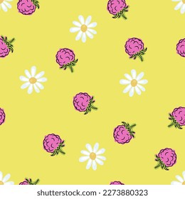 Seamless simple raspberry, and simple flowers. Bright summer illustration isolated on yellow background