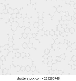 Seamless simple science gray background. Schematic molecules bond together.