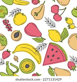Seamless simple sketches of different kinds of fruits and berries. Vector freehand illustration isolated on white background