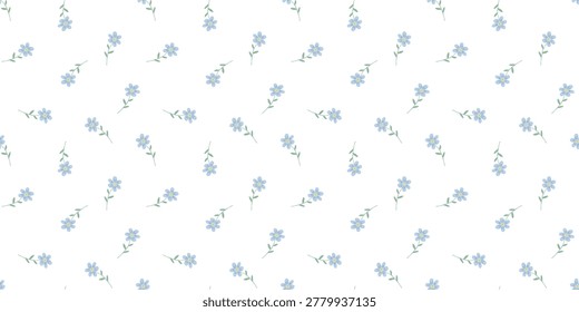 Seamless simple small floral pattern with tiny blue flowers on white background. Vector ditsy print for textiles, vintage wallpaper, and fabric design, minimal blossom motif