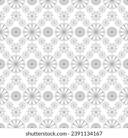 Seamless simple snowflakes grid lace geometric ornament flat vector pattern New year Christmas wallpaper isolated on white background for invitation card, textile, packaging wrapping graphic design