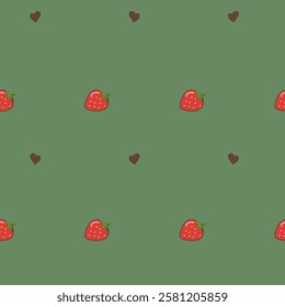Seamless simple strawberry pattern with hearts for banners, cards, flyers, social media wallpapers, textile. Vector summer background with red berries on green background.