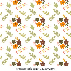 Seamless simple summer floral doodle pattern light green leaves and dark yellow and red flowers cute vector design for fabric cards wrapping paper 