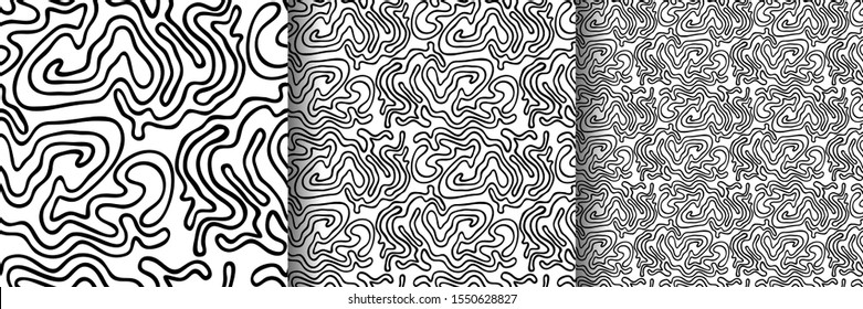 Seamless simple texture with hand drawn abstract black shapes isolated on white background; Vector endless wavy pattern with curves for decor, fabric print, gift wrap, invitations and wrapping paper